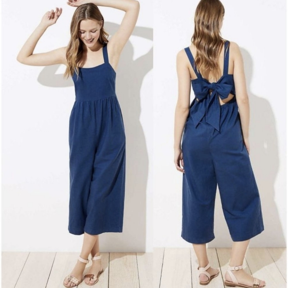 Ann Taylor LOFT Beach Tie Back Navy Blue wide leg Jumpsuit size XXL